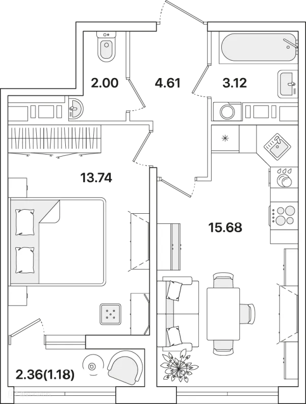 Планировка 1 комн. в ЖК Академик