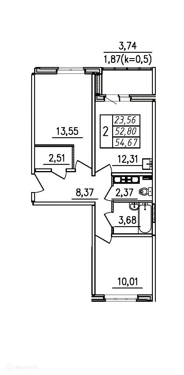 Планировка 2-комнатной квартиры 54.67 м² в ЖК По ул Школьная, г. Санкт-Петербург — фото 1