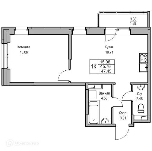 Планировка 1-комнатной квартиры 46.9 м² в ЖК "Юнтолово", г. Санкт-Петербург — фото 2