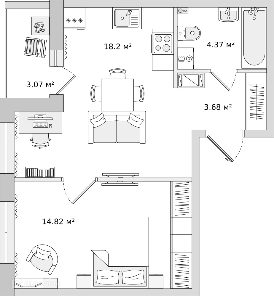 Планировка 1-комнатной квартиры 40.9 м² в ЖК ЦДС "Чёрная Речка", г. Санкт-Петербург — фото 1