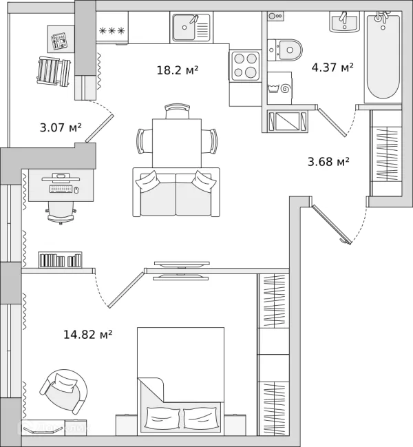 Планировка 1 комн. в ЖК ЦДС "Чёрная Речка"
