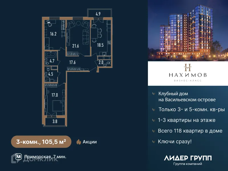 Планировка 3-комнатной квартиры 105.5 м² в ЖК Нахимов, г. Санкт-Петербург — фото 2