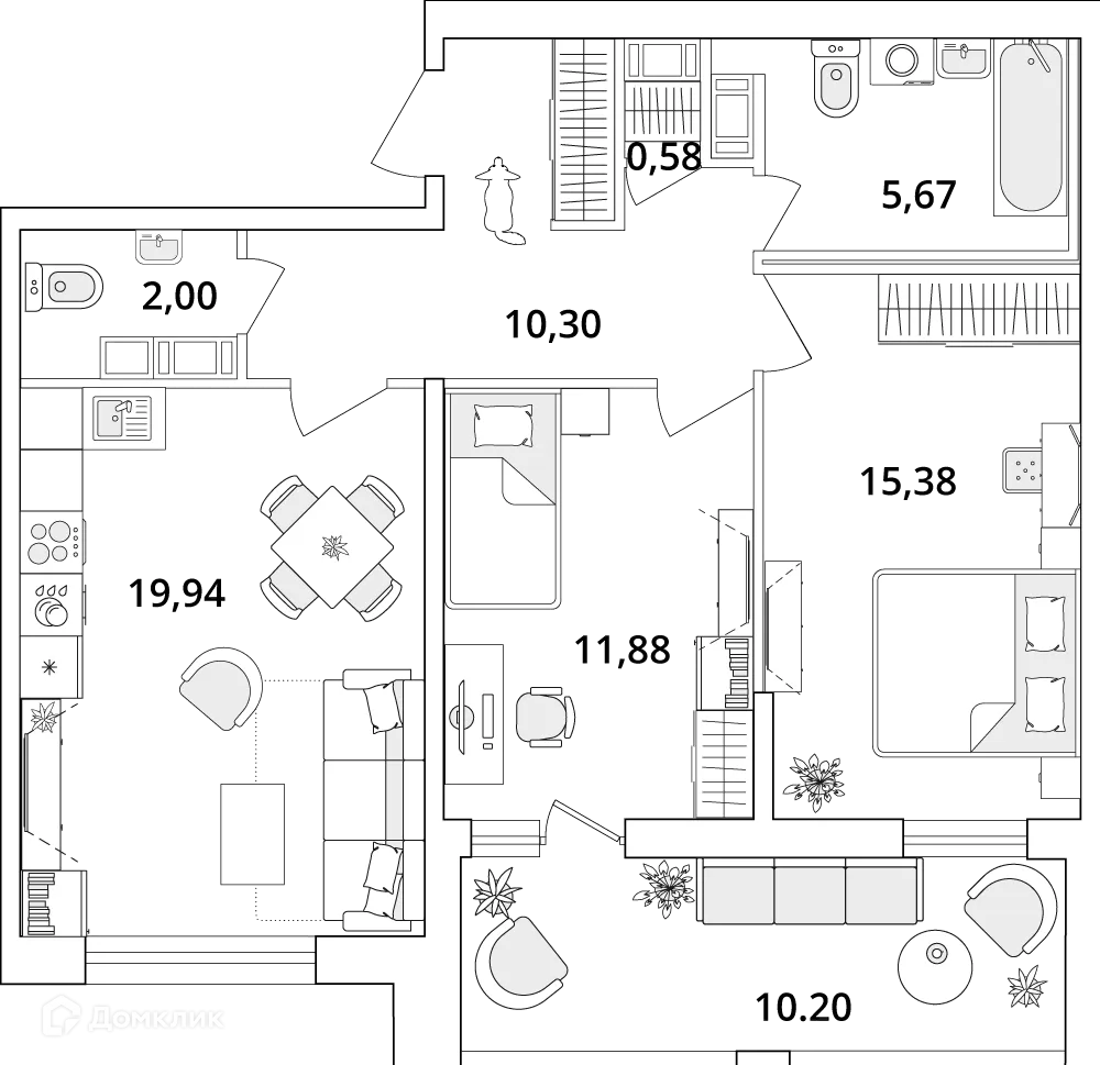 Планировка 2-комнатной квартиры 71.3 м² в ЖК "Cube (Кьюб)", г. Санкт-Петербург — фото 1