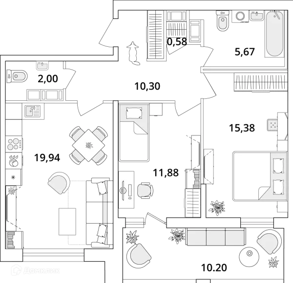 Планировка 2 комн. в ЖК "Cube (Кьюб)"