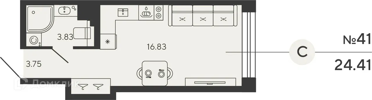 Планировка студии квартиры 24.41 м² в ЖК Bashni Element (Башни Элемент), г. Санкт-Петербург — фото 1