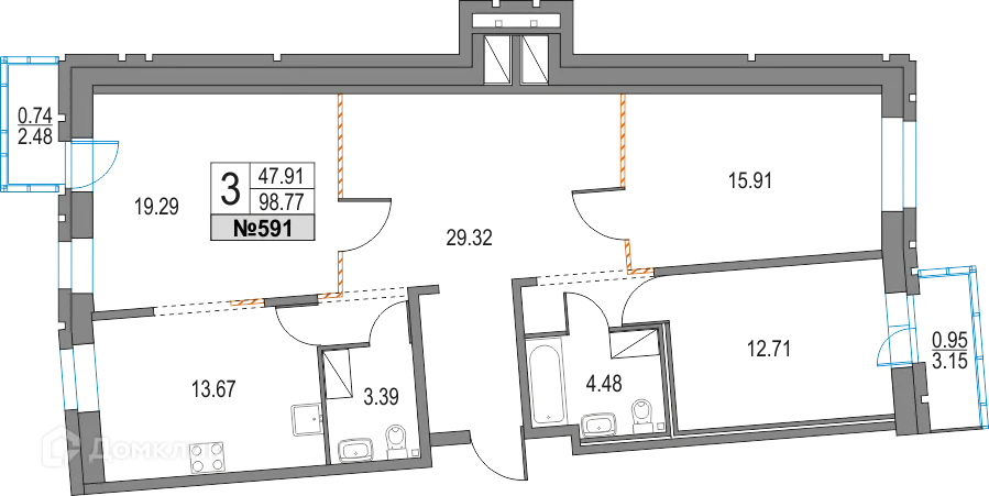 Планировка 3-комнатной квартиры 98.77 м² в ЖК Приморский квартал, г. Санкт-Петербург — фото 12