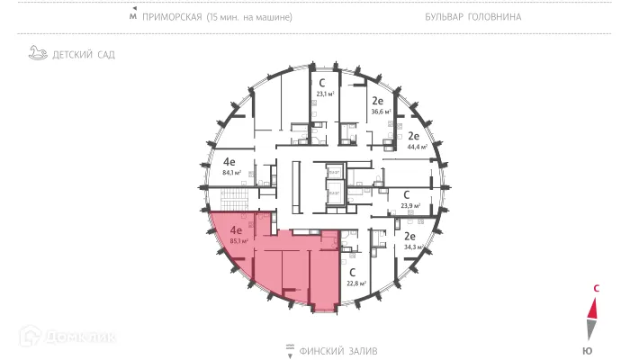 Планировка 3-комнатной квартиры 85 м² в ЖК Морская набережная, г. Санкт-Петербург — фото 4