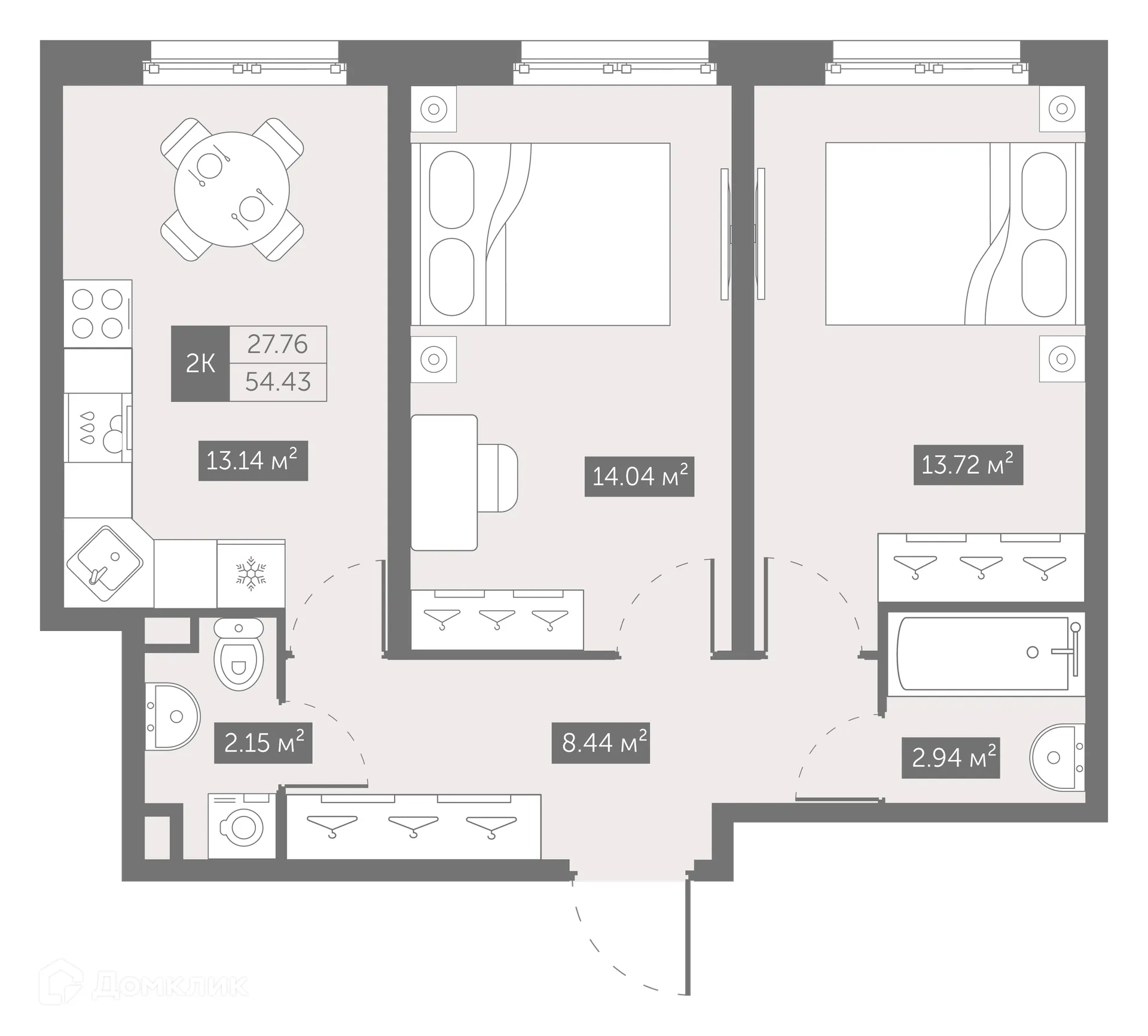 Планировка 2-комнатной квартиры 54.43 м² в ЖК "ZOOM на Неве", г. Санкт-Петербург — фото 1