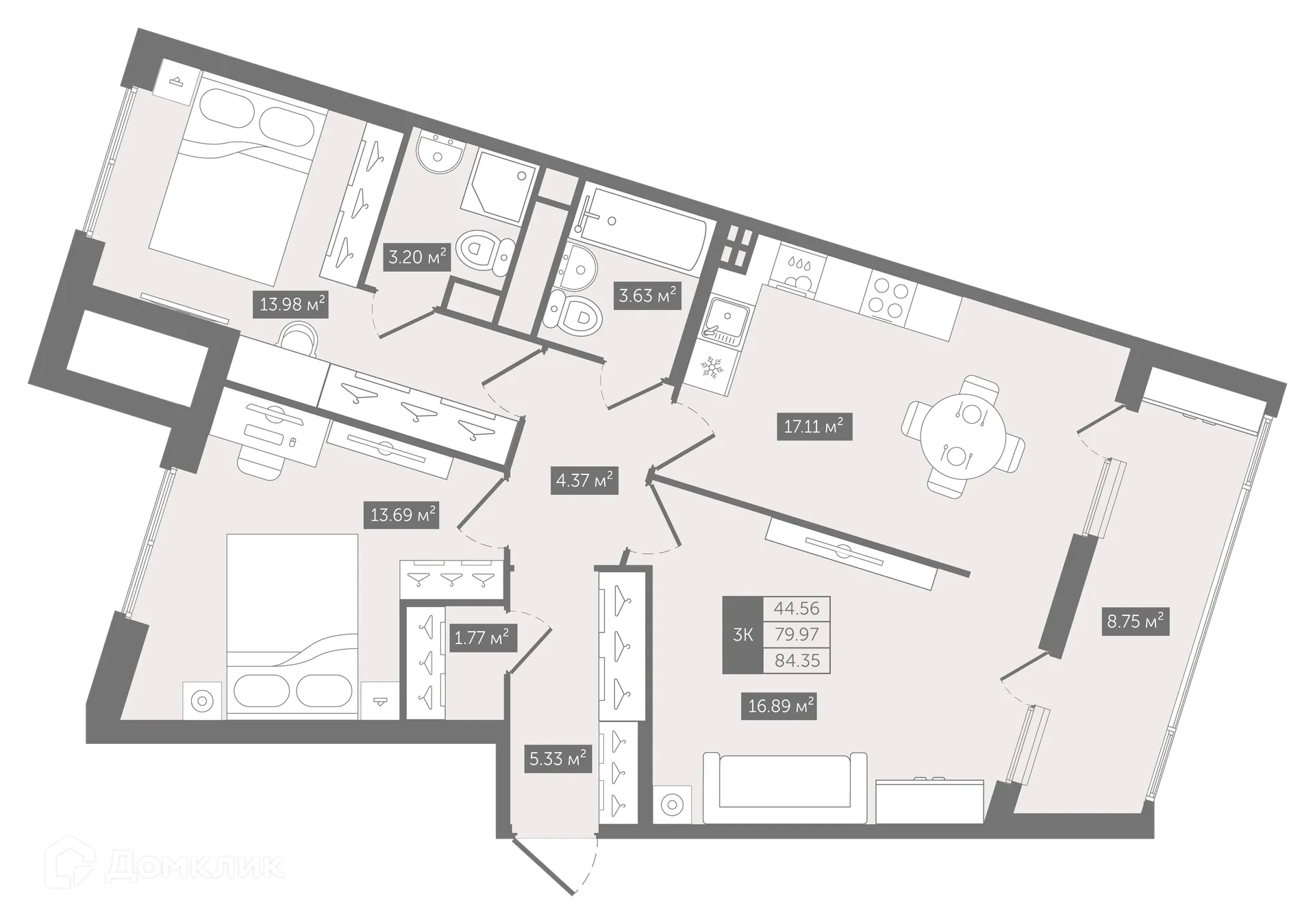 Планировка 3-комнатной квартиры 84.35 м² в ЖК N8, г. Санкт-Петербург — фото 1