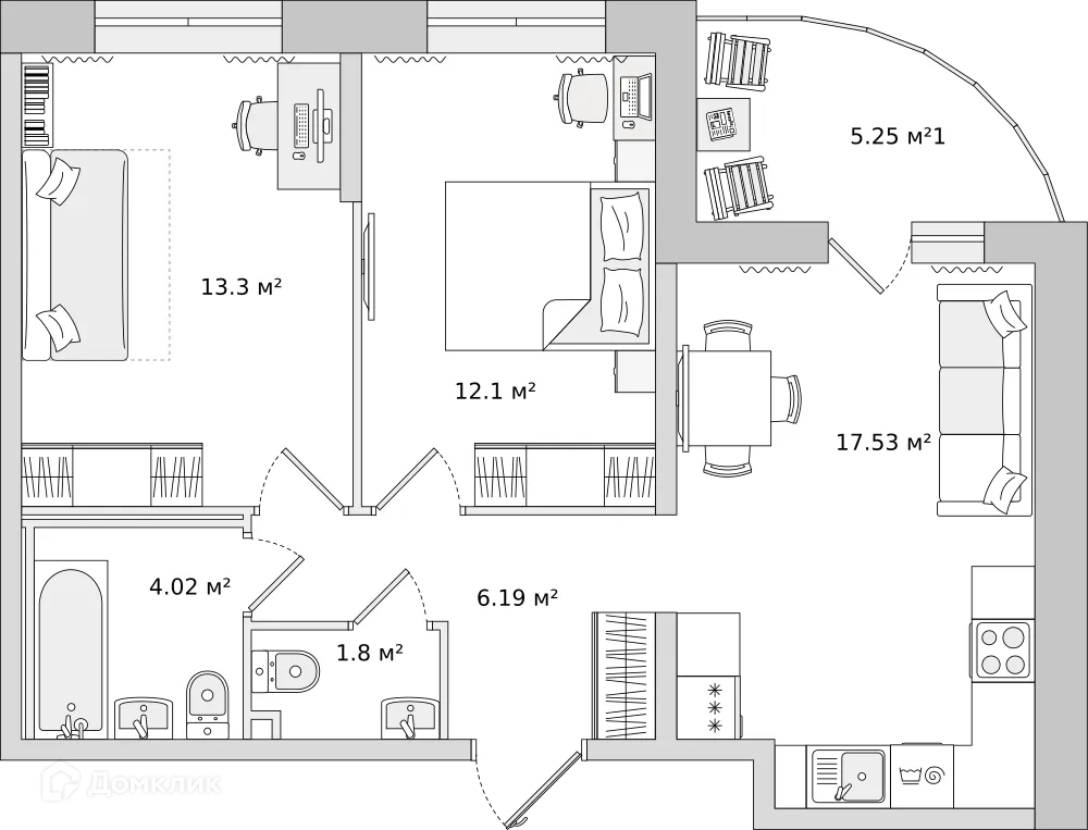 Планировка 2-комнатной квартиры 54.1 м² в ЖК "ЦДС Dreamline (Дримлайн)", г. Санкт-Петербург — фото 2