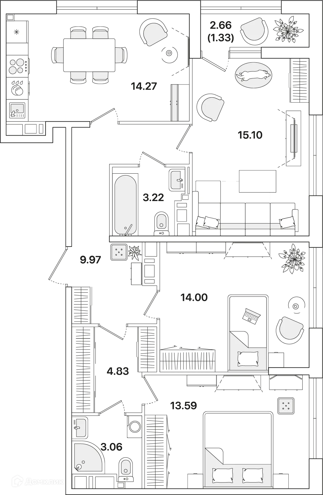 Планировка 3-комнатной квартиры 79.6 м² в ЖК Академик, г. Санкт-Петербург — фото 1