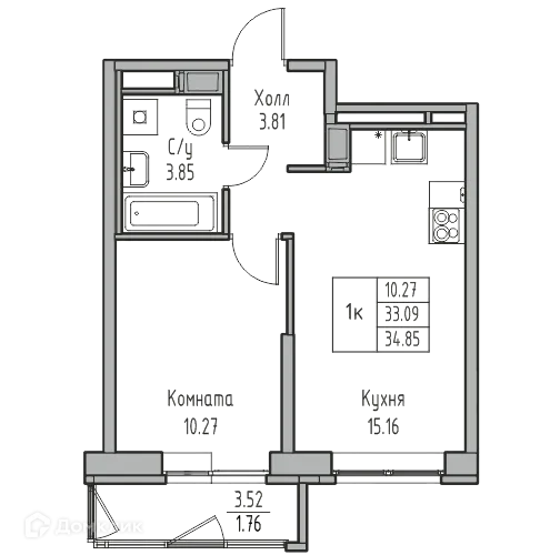Планировка 1-комнатной квартиры 34.85 м² в ЖК "Юнтолово", г. Санкт-Петербург — фото 2
