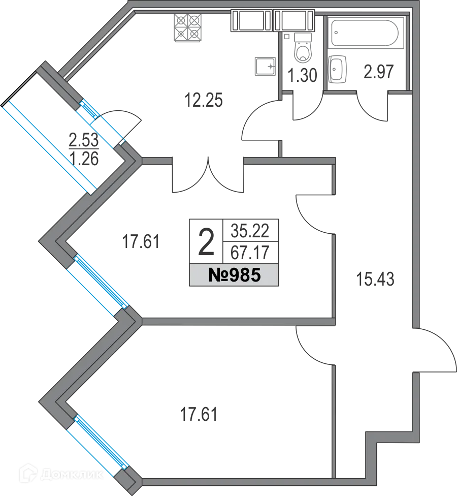 Планировка 2-комнатной квартиры 67.17 м² в ЖК Приморский квартал, г. Санкт-Петербург — фото 1