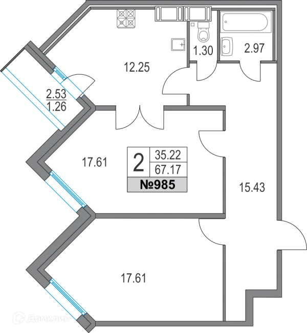 Планировка 2 комн. в ЖК Приморский квартал