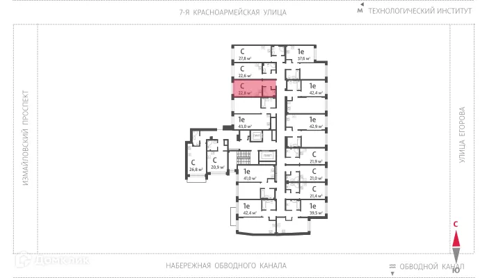 Планировка студии квартиры 22.8 м² в ЖК ЛСР.Измайловский, г. Санкт-Петербург — фото 2