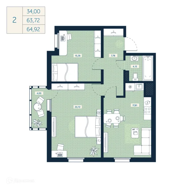 Планировка 2 комн. в ЖК "Belevsky Club (Белевский Клуб)"