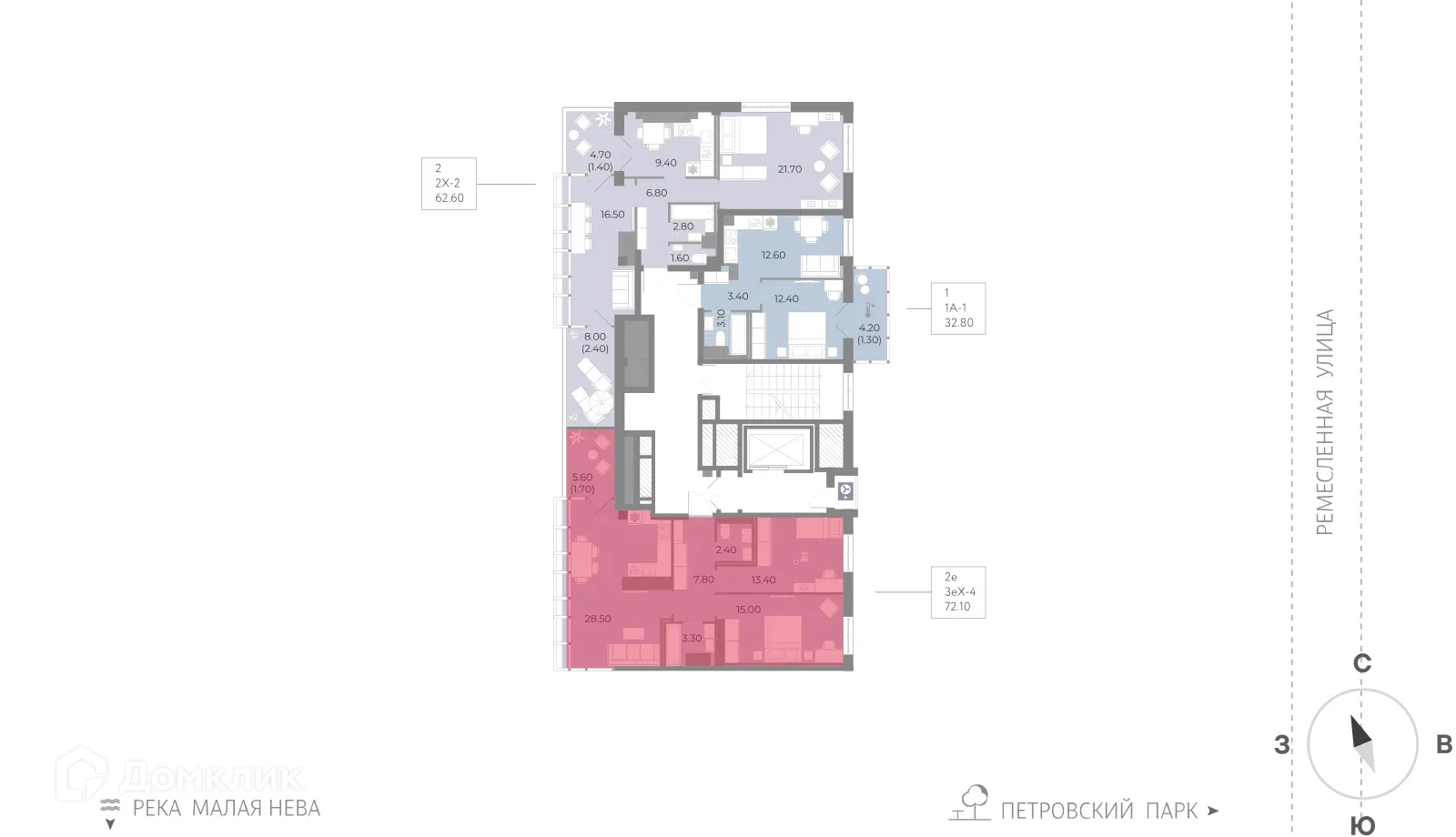 Планировка 2-комнатной квартиры 72.1 м² в ЖК "Neva Residence (Нева Резиденс)", г. Санкт-Петербург — фото 2