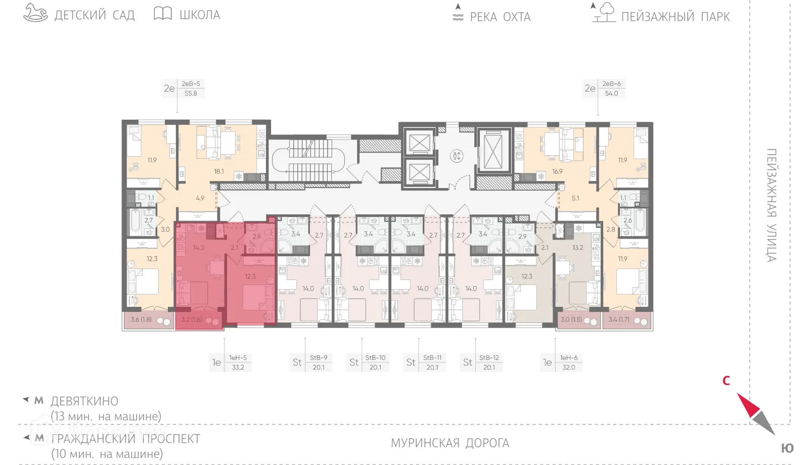 Планировка 1-комнатной квартиры 33.2 м² в ЖК Цветной город, г. Санкт-Петербург — фото 2