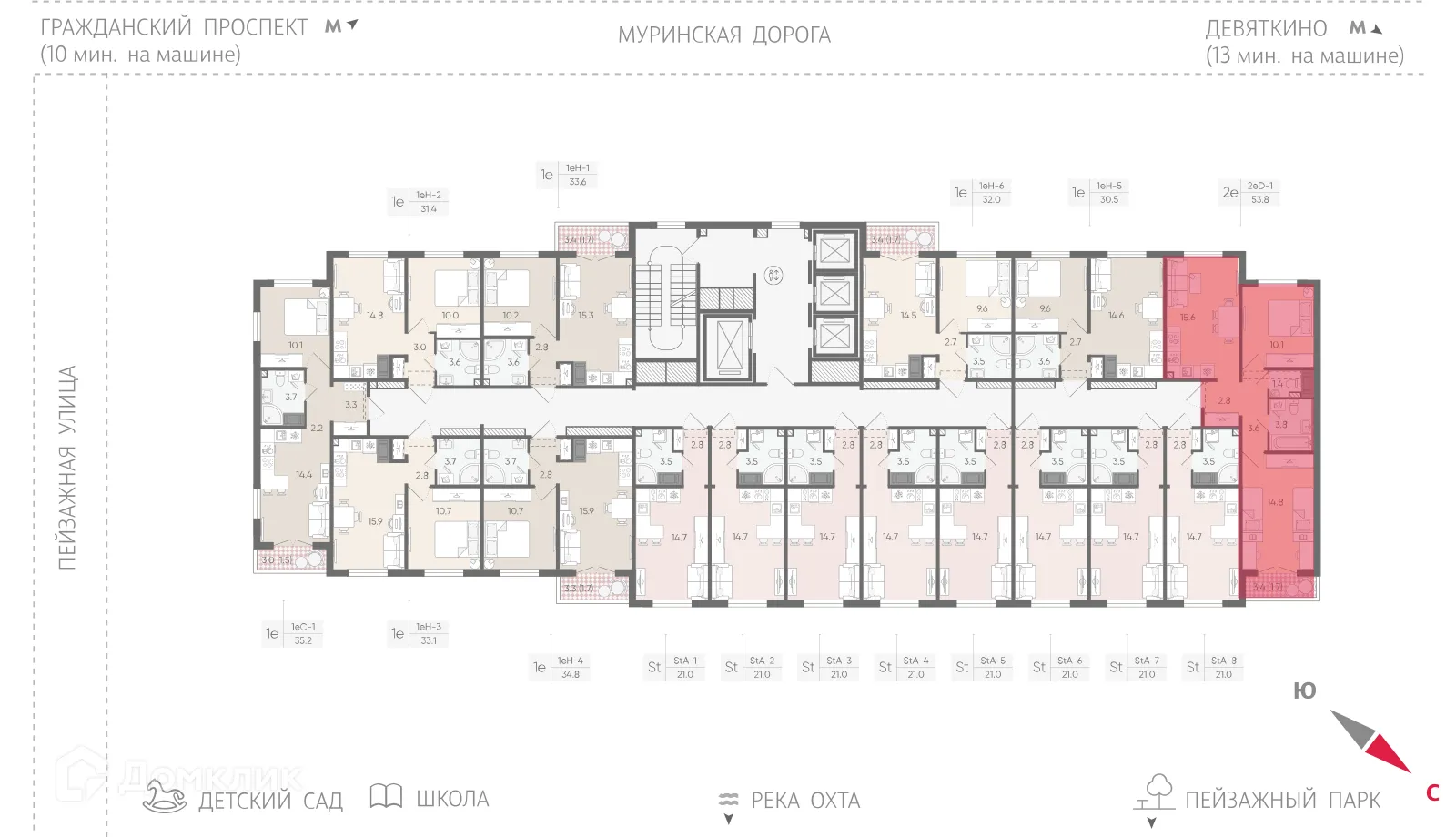 Планировка 2-комнатной квартиры 53.8 м² в ЖК Цветной город, г. Санкт-Петербург — фото 2