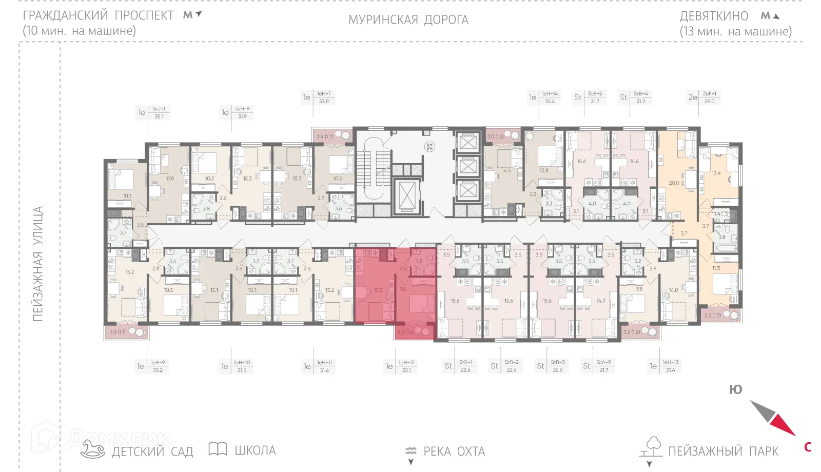 Планировка 1-комнатной квартиры 33.1 м² в ЖК Цветной город, г. Санкт-Петербург — фото 2