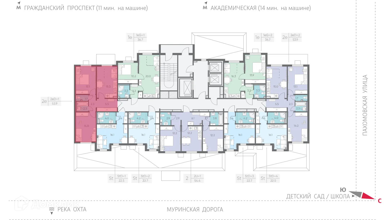 Планировка 2-комнатной квартиры 53.9 м² в ЖК Цветной город, г. Санкт-Петербург — фото 4