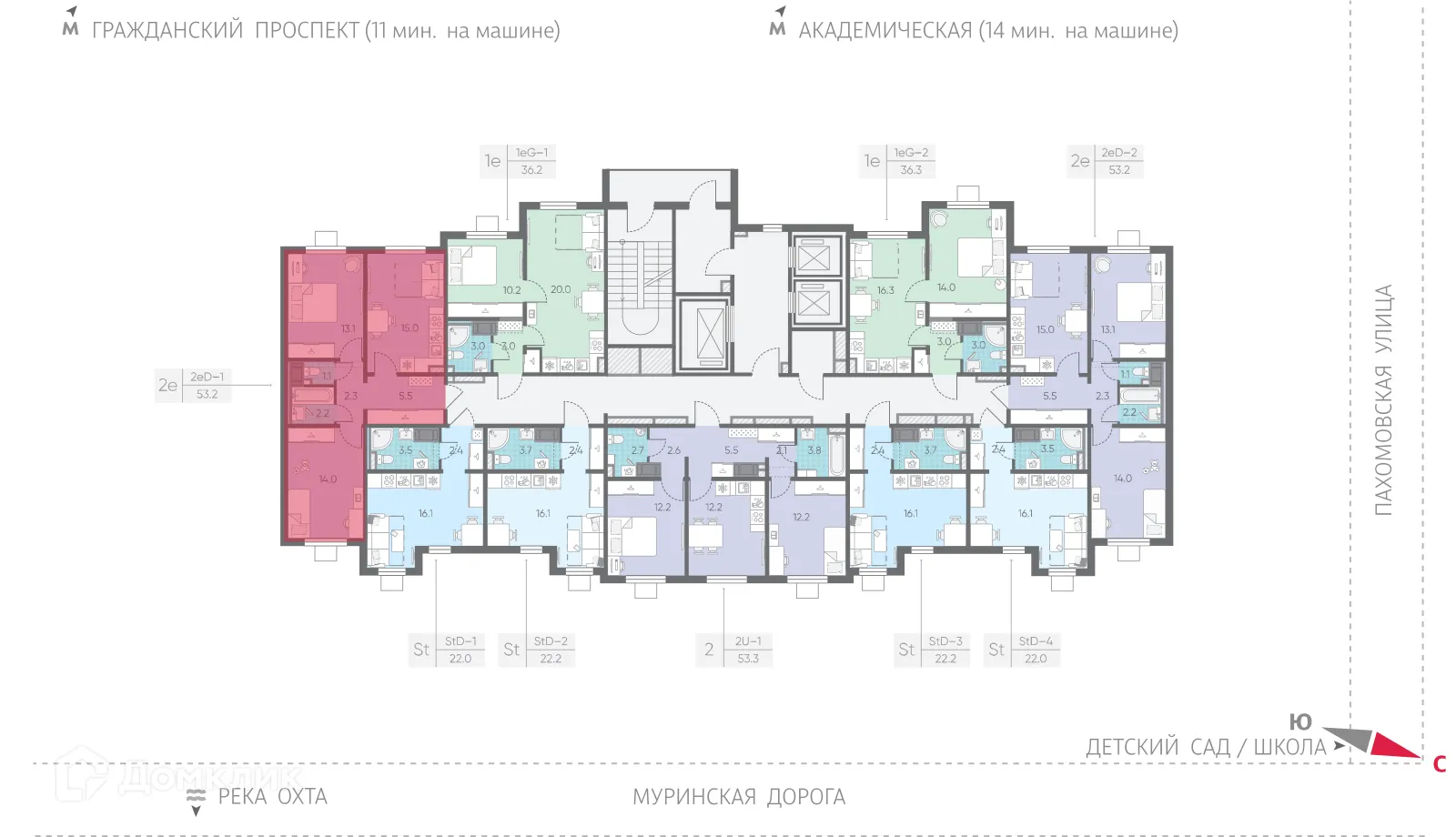 Планировка 2-комнатной квартиры 53.2 м² в ЖК Цветной город, г. Санкт-Петербург — фото 4