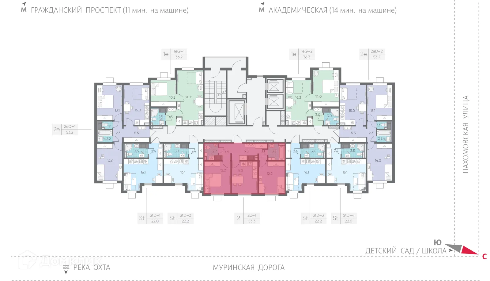 Планировка 2-комнатной квартиры 53.3 м² в ЖК Цветной город, г. Санкт-Петербург — фото 4