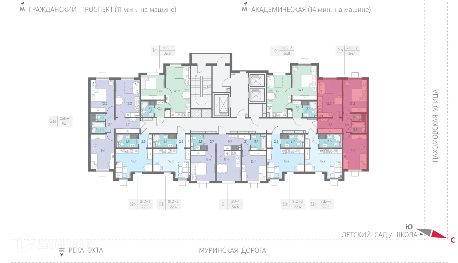 Планировка 2-комнатной квартиры 54.1 м² в ЖК Цветной город, г. Санкт-Петербург — фото 4
