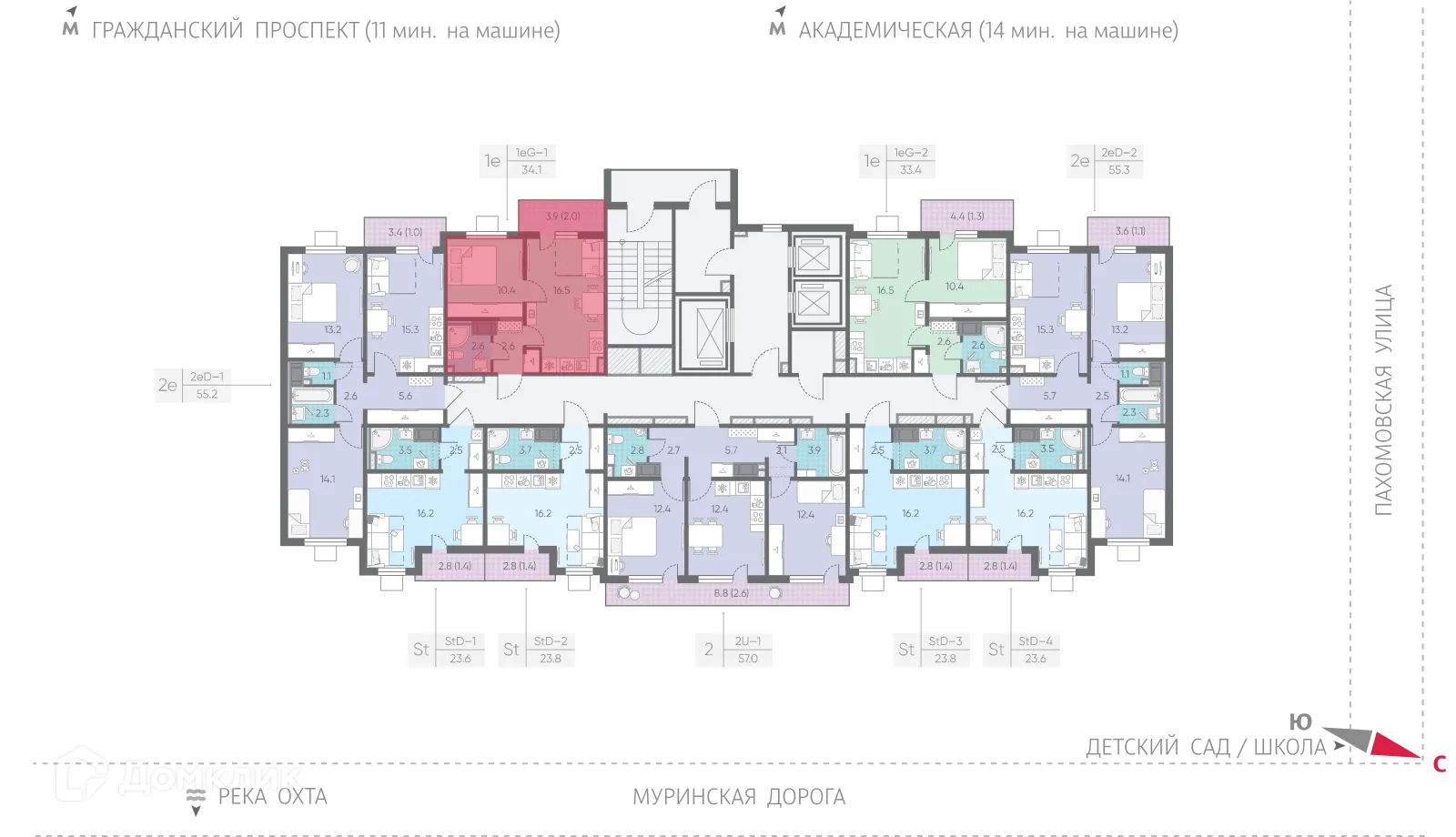 Планировка 1-комнатной квартиры 34.1 м² в ЖК Цветной город, г. Санкт-Петербург — фото 2