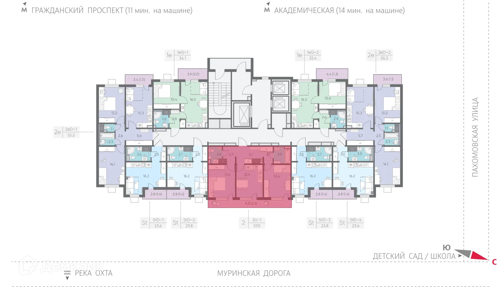Планировка 2-комнатной квартиры 57 м² в ЖК Цветной город, г. Санкт-Петербург — фото 2
