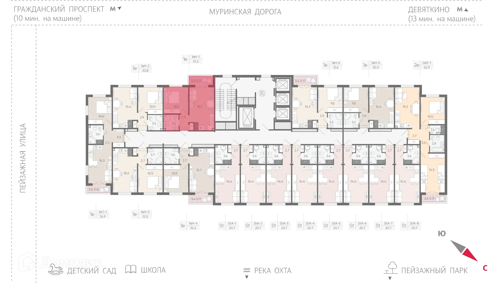 Планировка 1-комнатной квартиры 33.2 м² в ЖК Цветной город, г. Санкт-Петербург — фото 2