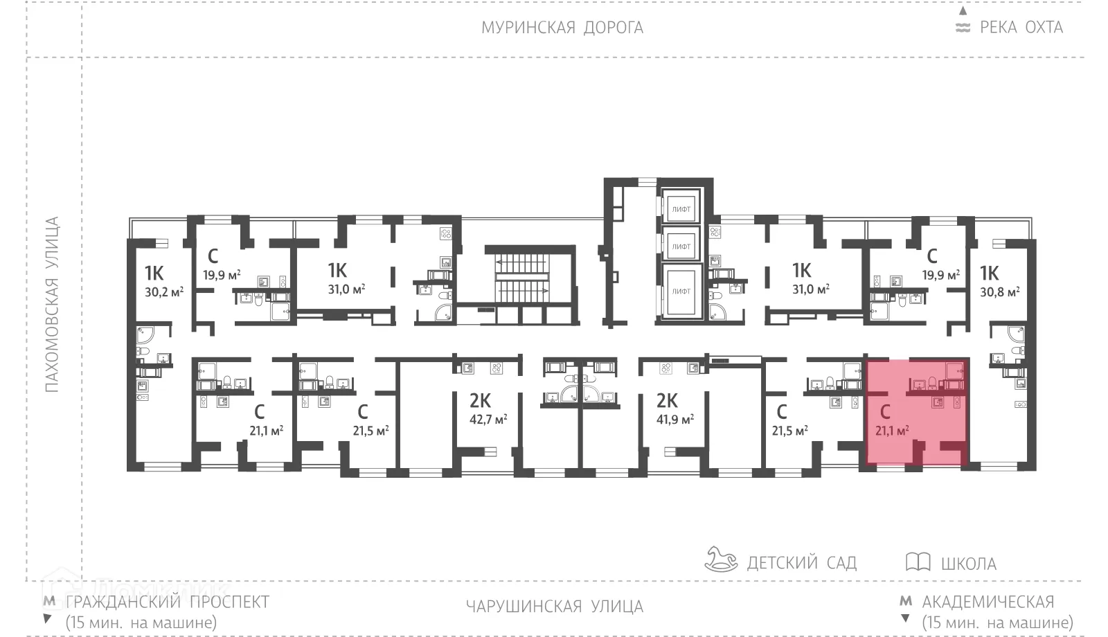 Планировка студии квартиры 21.1 м² в ЖК Цветной город, г. Санкт-Петербург — фото 2