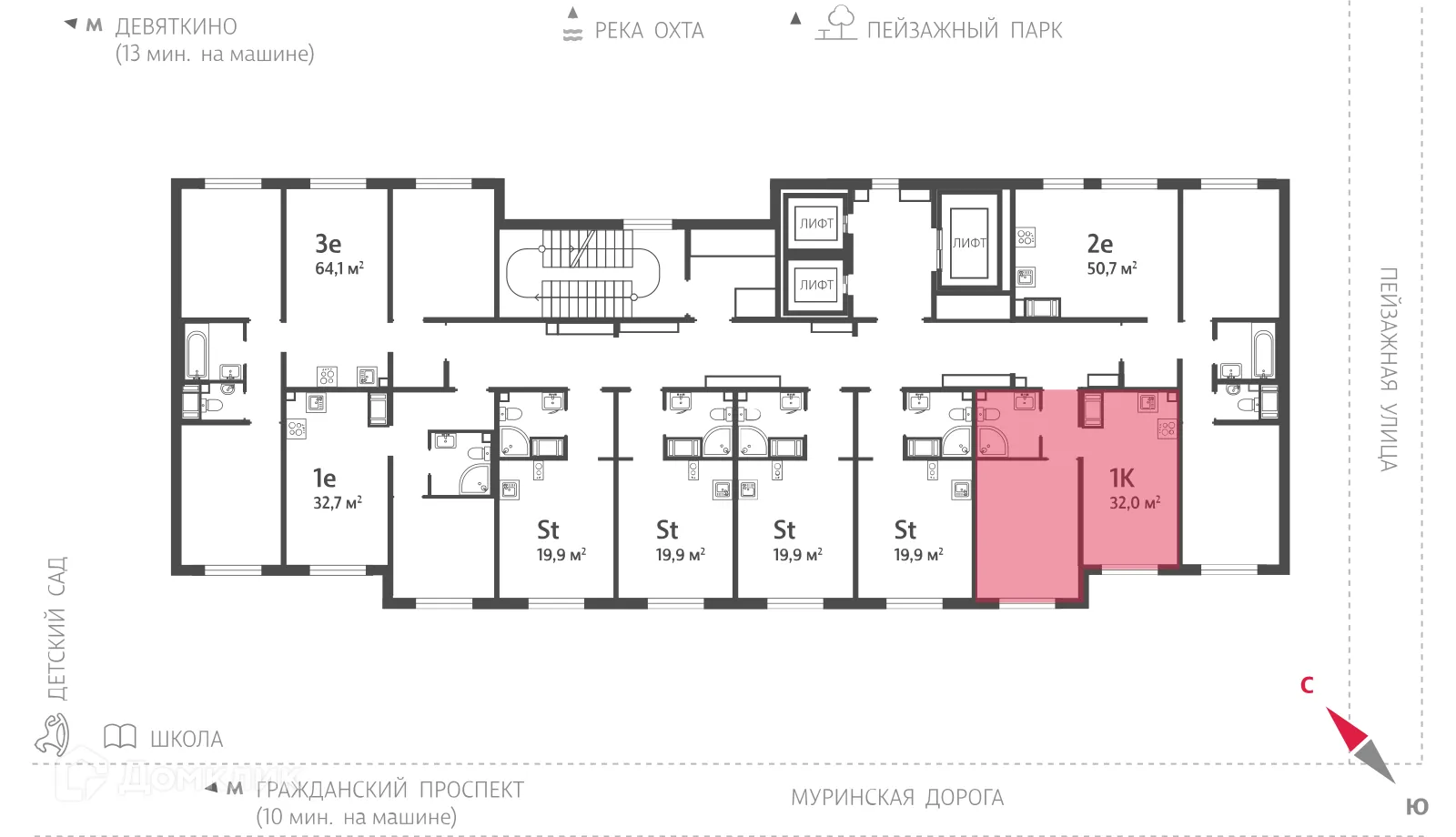 Планировка 1-комнатной квартиры 32 м² в ЖК Цветной город, г. Санкт-Петербург — фото 2