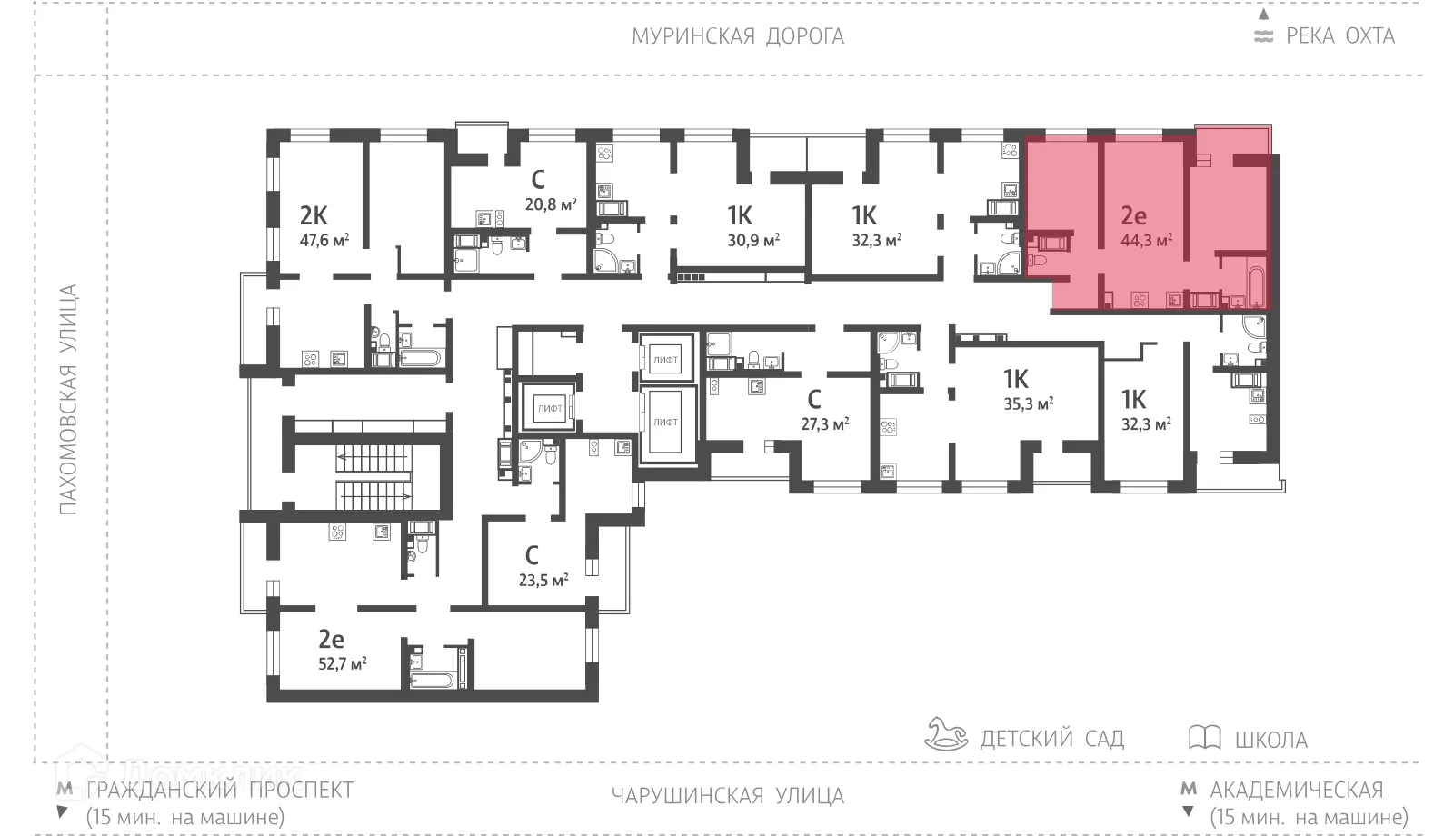 Планировка 2-комнатной квартиры 45.4 м² в ЖК Цветной город, г. Санкт-Петербург — фото 2