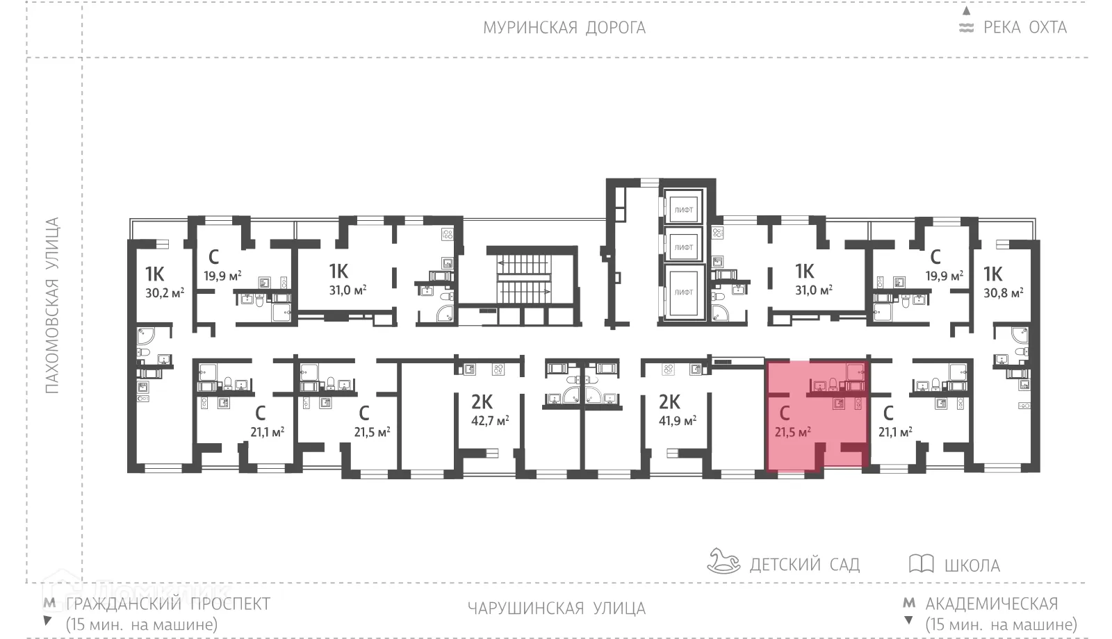 Планировка студии квартиры 22.1 м² в ЖК Цветной город, г. Санкт-Петербург — фото 2