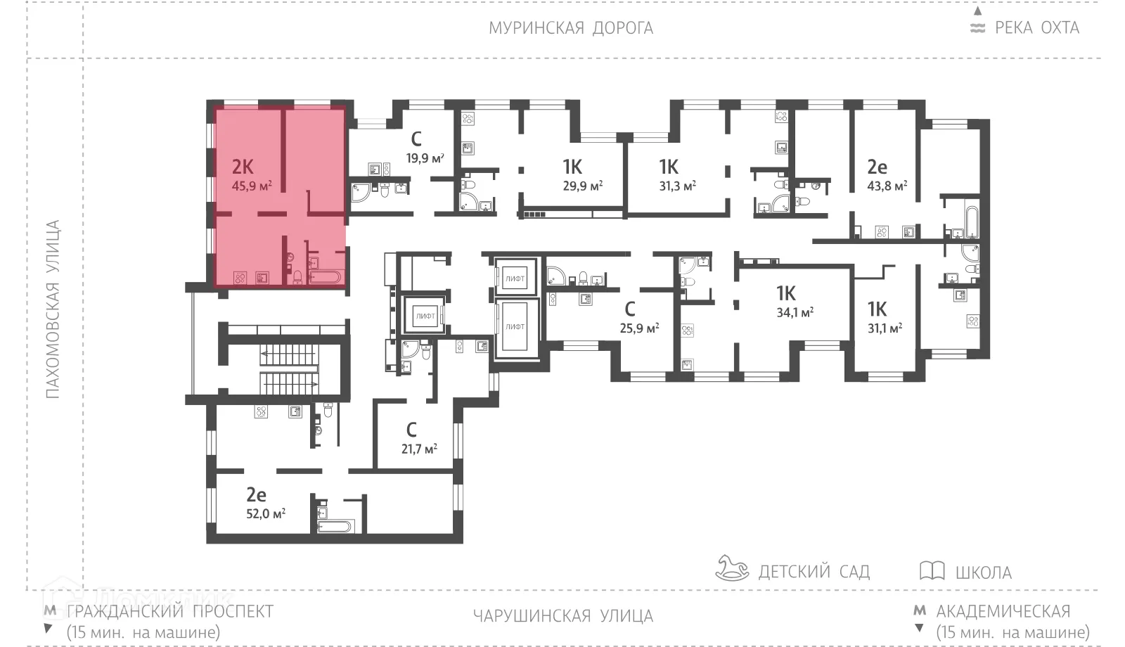 Планировка 2-комнатной квартиры 46 м² в ЖК Цветной город, г. Санкт-Петербург — фото 2