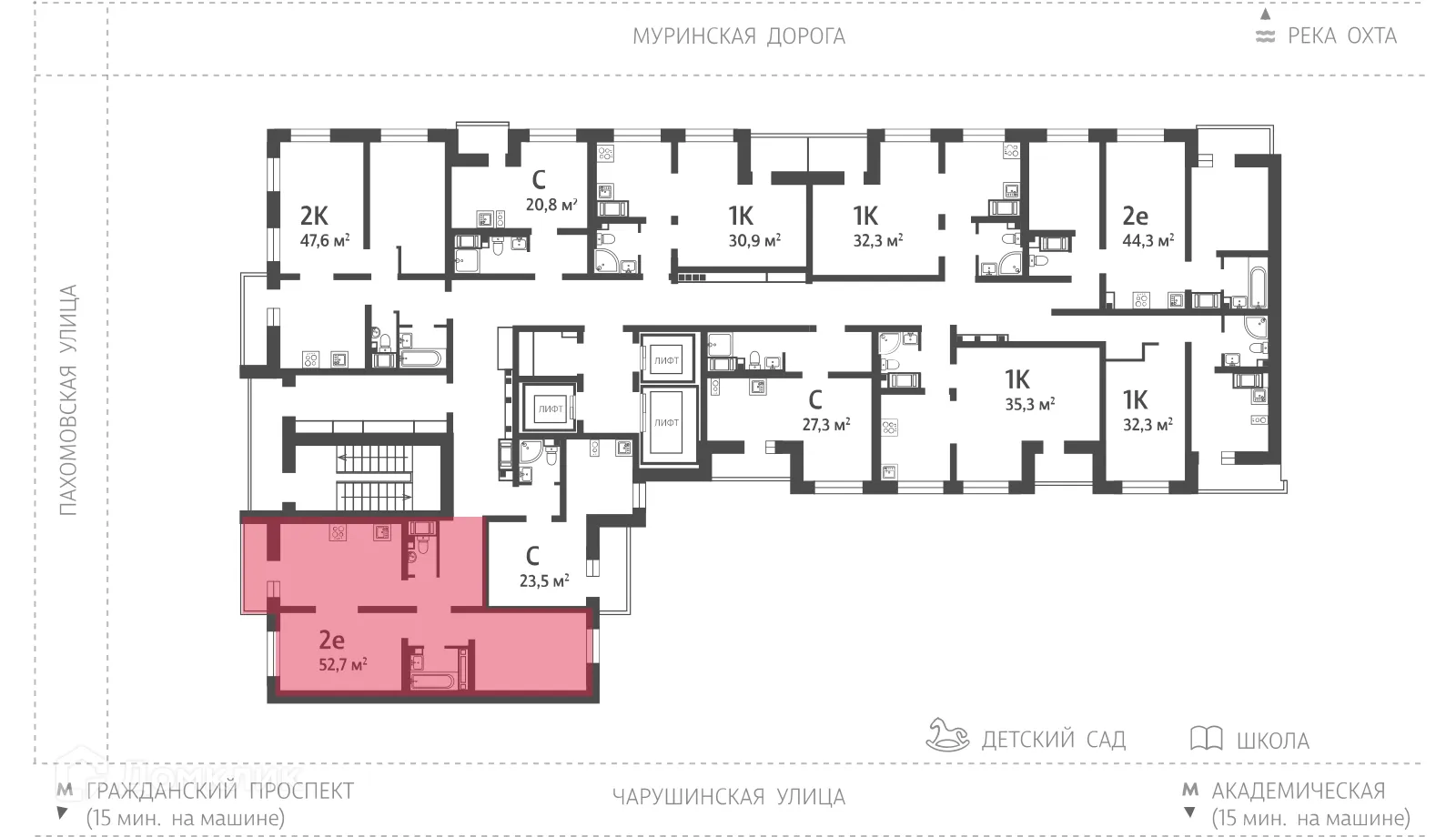 Планировка 2-комнатной квартиры 53.1 м² в ЖК Цветной город, г. Санкт-Петербург — фото 2