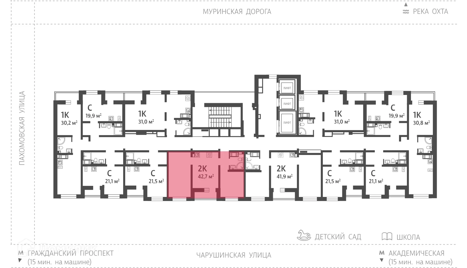 Планировка 2-комнатной квартиры 42.8 м² в ЖК Цветной город, г. Санкт-Петербург — фото 2