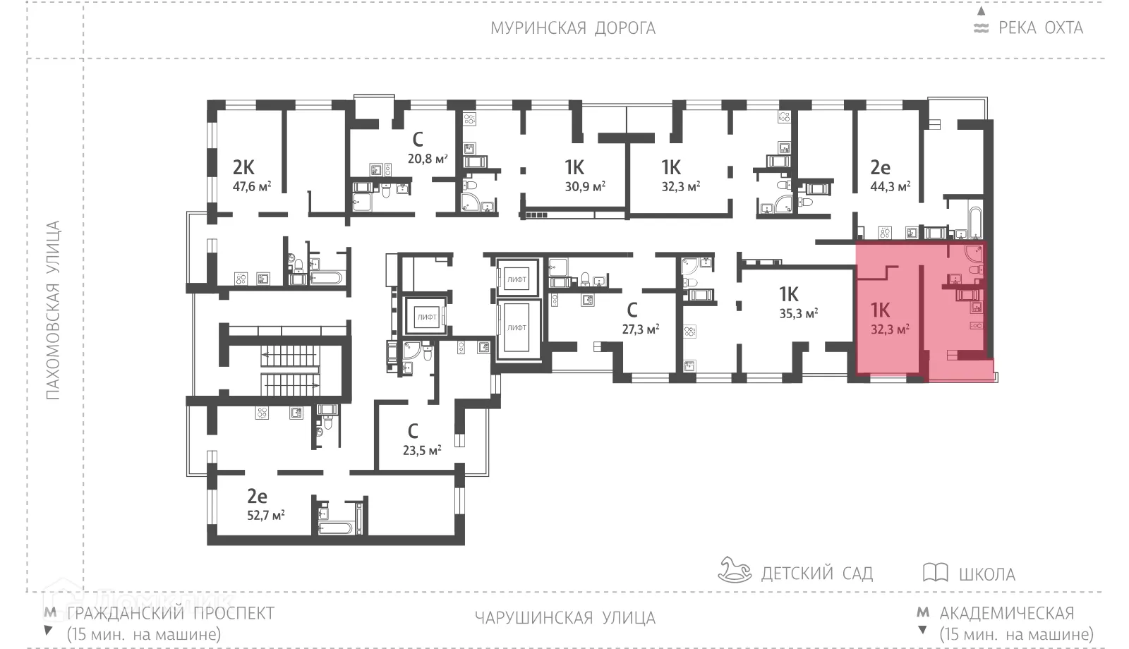 Планировка 1-комнатной квартиры 33 м² в ЖК Цветной город, г. Санкт-Петербург — фото 2