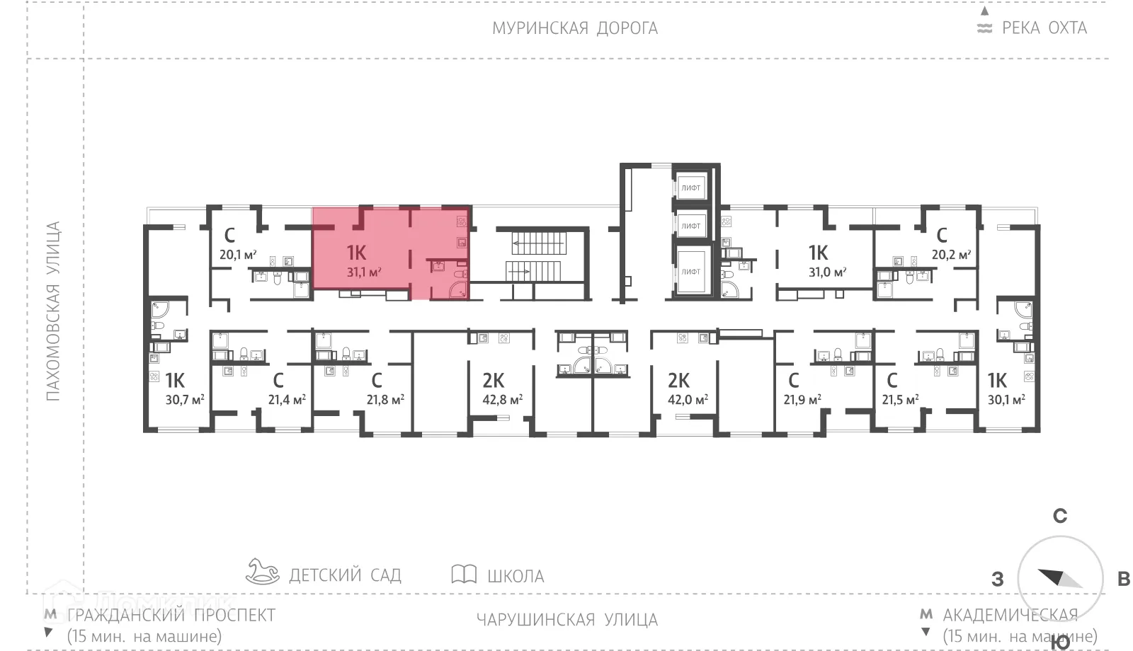 Планировка 1-комнатной квартиры 31.3 м² в ЖК Цветной город, г. Санкт-Петербург — фото 2