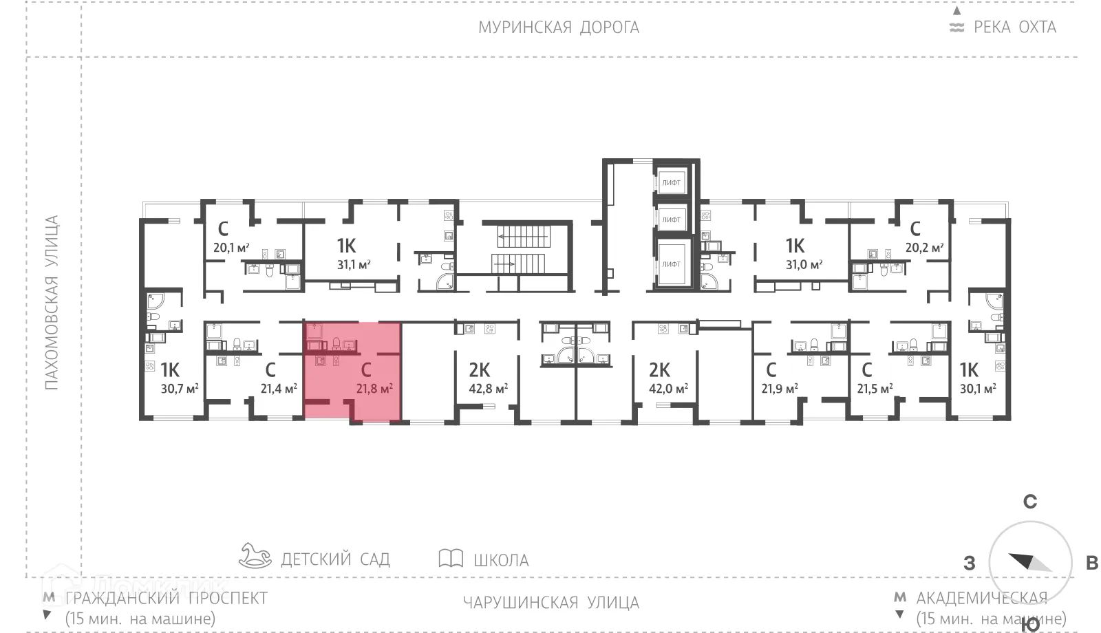 Планировка студии квартиры 22.1 м² в ЖК Цветной город, г. Санкт-Петербург — фото 2