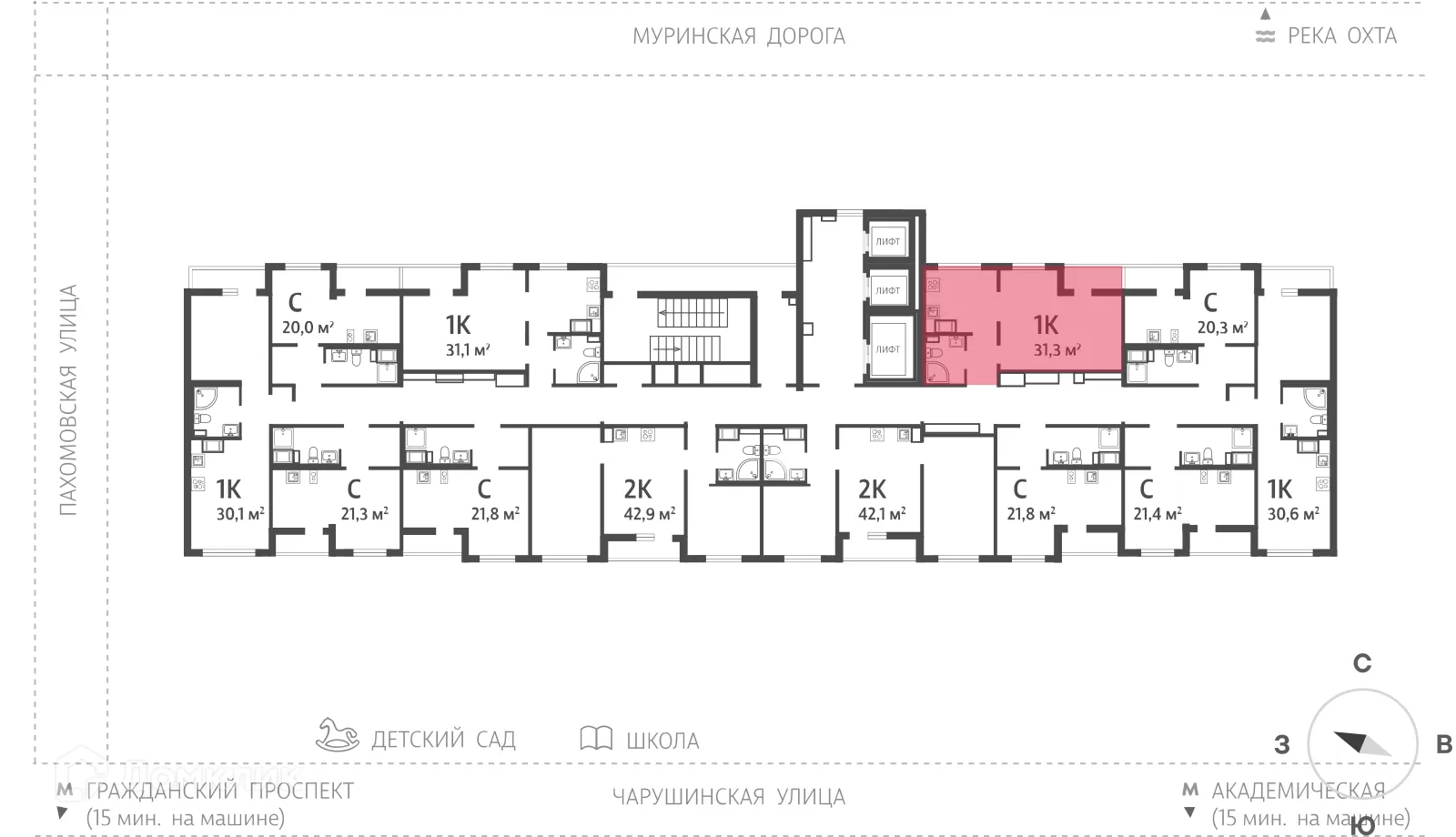 Планировка 1-комнатной квартиры 31.1 м² в ЖК Цветной город, г. Санкт-Петербург — фото 2