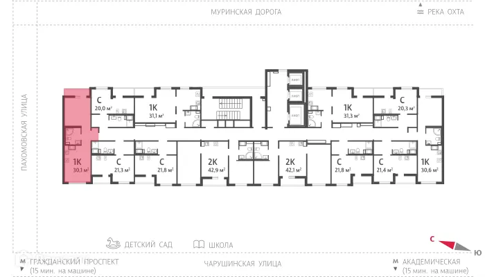 Планировка 1-комнатной квартиры 30.6 м² в ЖК Цветной город, г. Санкт-Петербург — фото 2