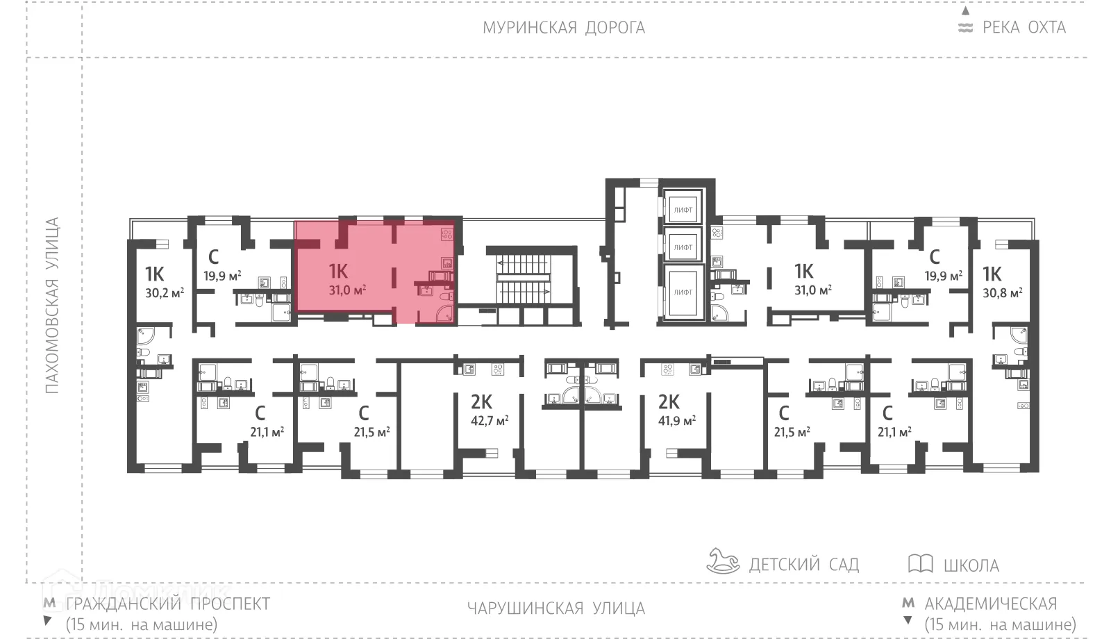 Планировка 1-комнатной квартиры 31.1 м² в ЖК Цветной город, г. Санкт-Петербург — фото 2