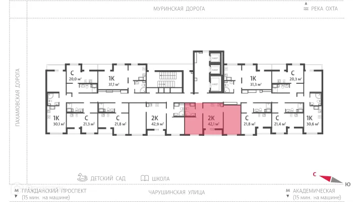 Планировка 2-комнатной квартиры 42.2 м² в ЖК Цветной город, г. Санкт-Петербург — фото 2