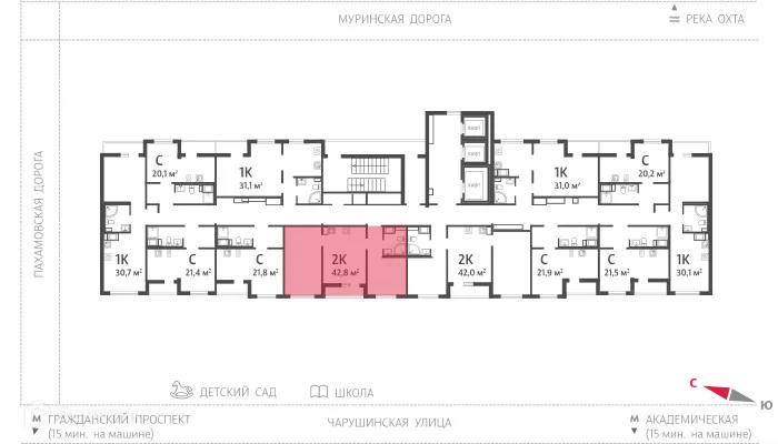 Планировка 2-комнатной квартиры 42.9 м² в ЖК Цветной город, г. Санкт-Петербург — фото 2