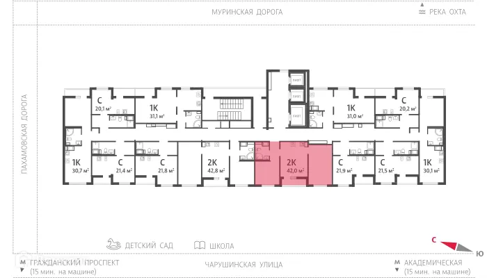 Планировка 2-комнатной квартиры 42.1 м² в ЖК Цветной город, г. Санкт-Петербург — фото 2