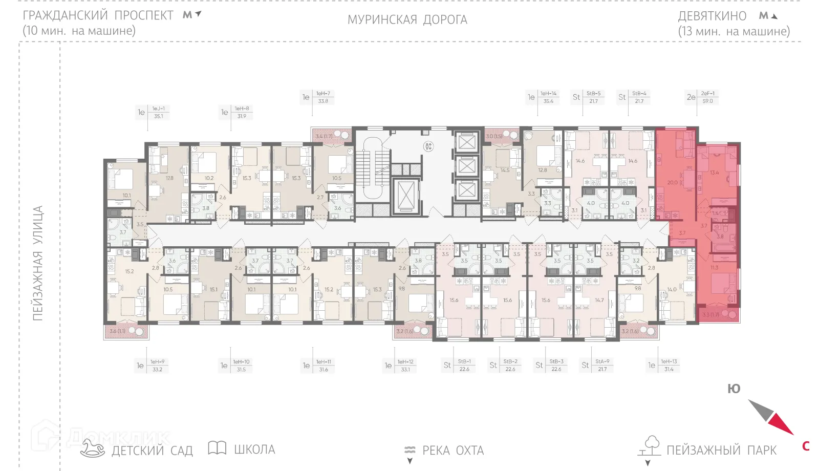 Планировка 2-комнатной квартиры 59 м² в ЖК Цветной город, г. Санкт-Петербург — фото 2