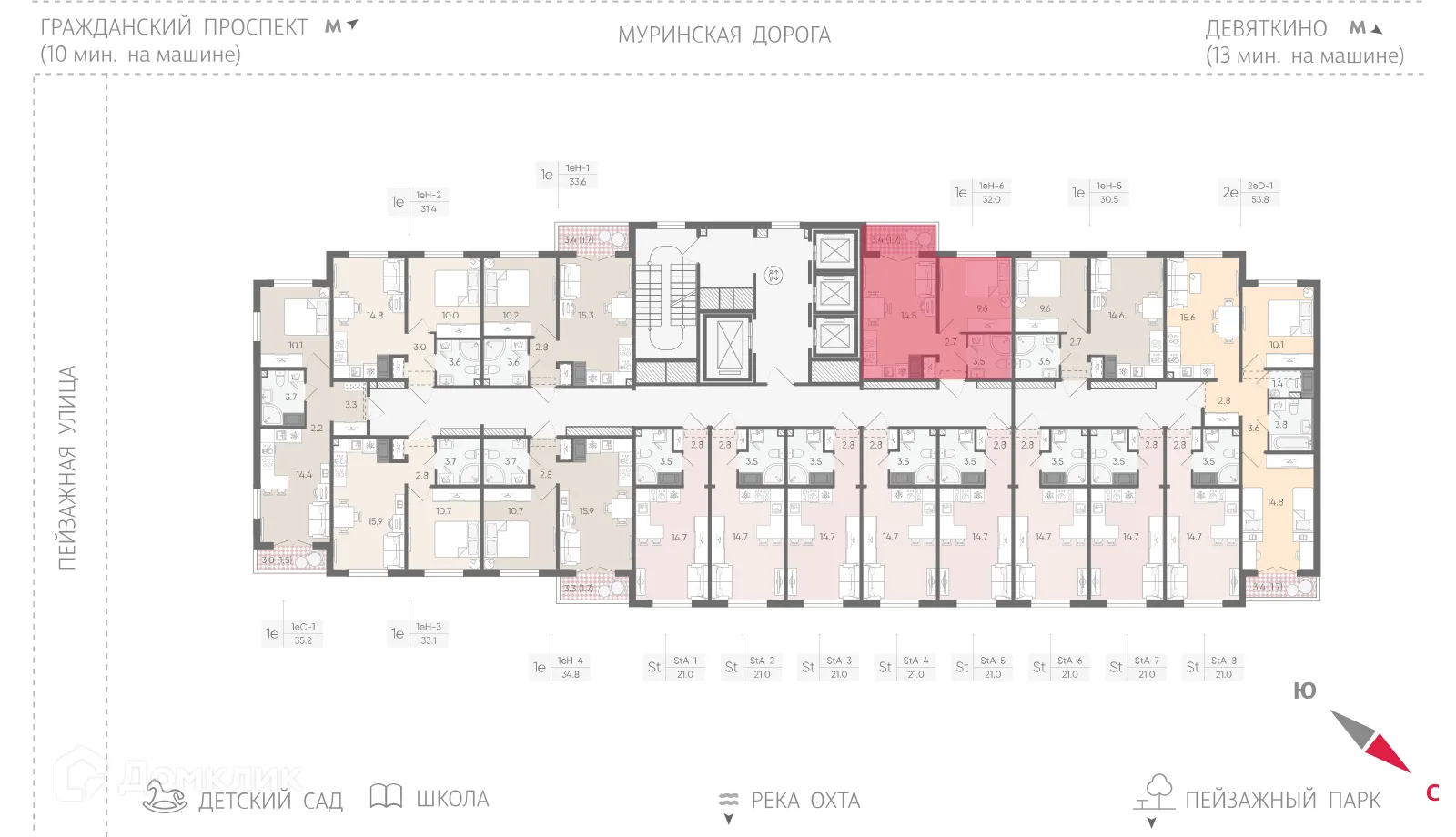 Планировка 1-комнатной квартиры 32 м² в ЖК Цветной город, г. Санкт-Петербург — фото 2