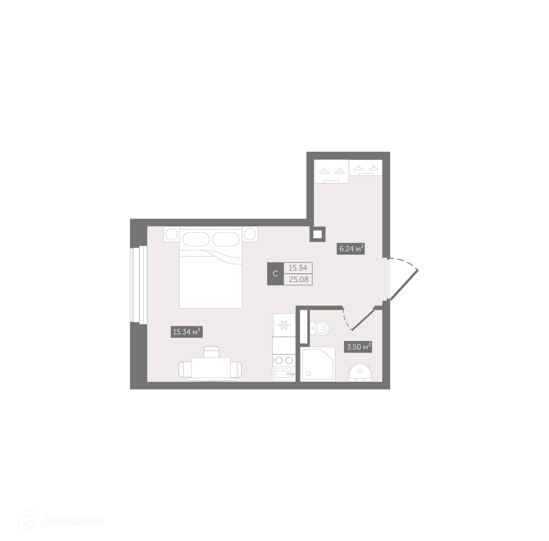 Планировка студии квартиры 25.08 м² в ЖК Zoom Черная Речка, г. Санкт-Петербург — фото 2